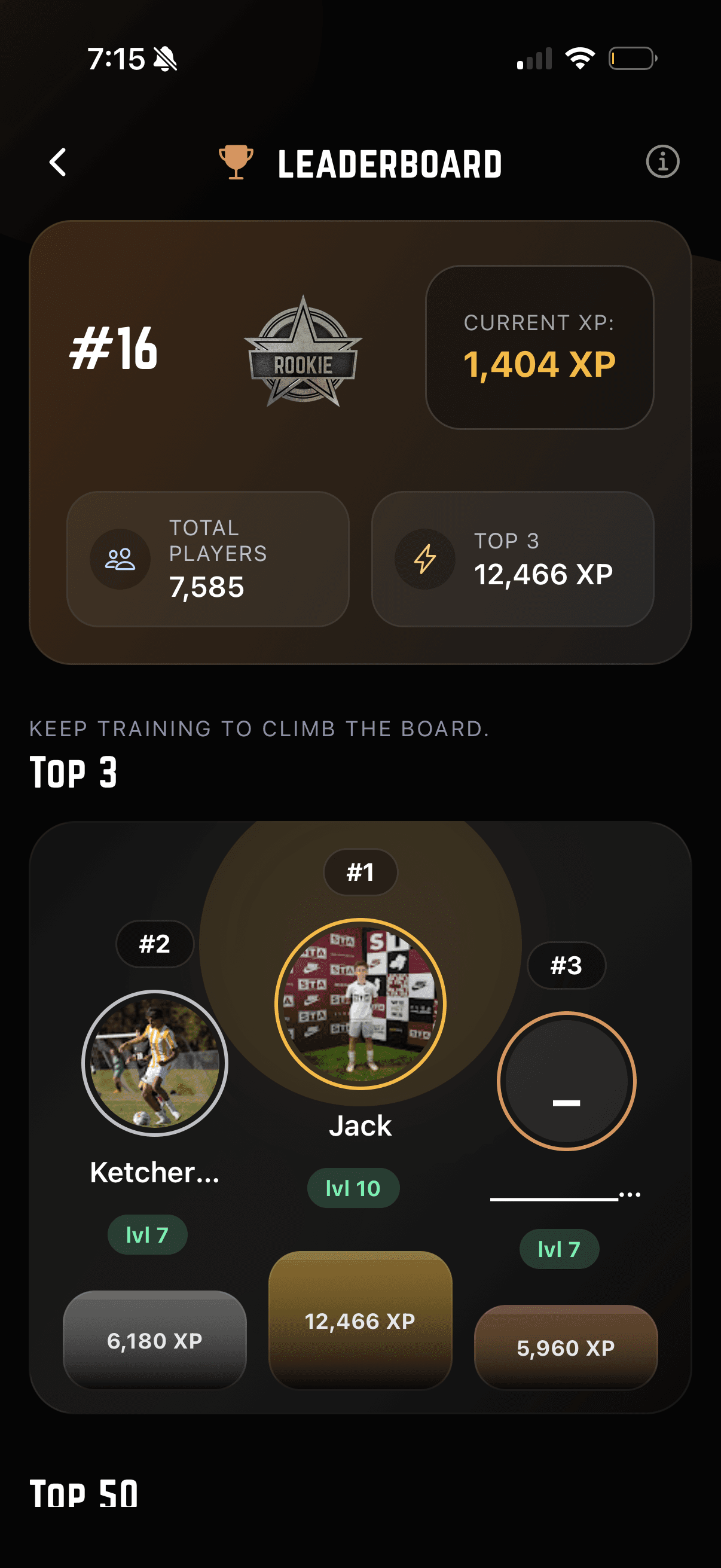 NSP leaderboard with top players and XP rankings